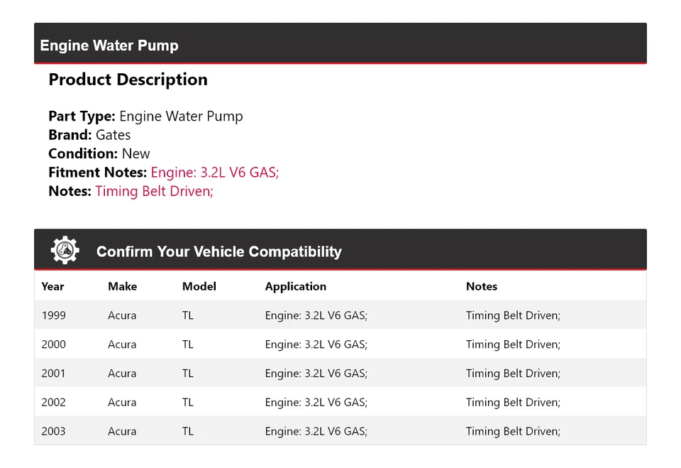 Para 1999-2003 Acura TL 3.2L V6 motor gasolina bomba de água portões 2000 2001 2002 - Imagem 2 de 4