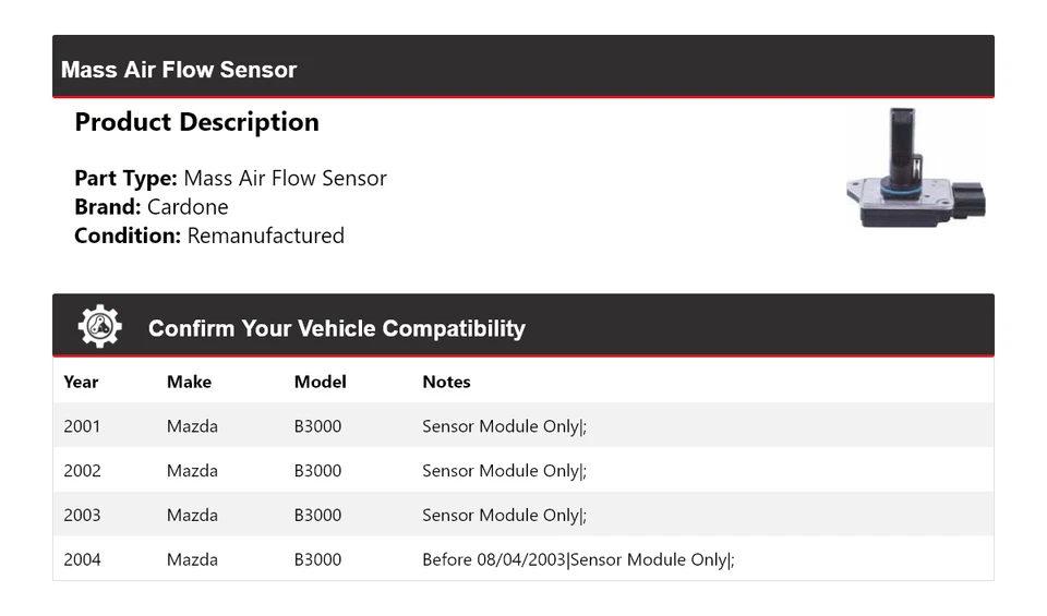 Sensor de flujo de aire masivo Cardone 2002 2003 para Mazda B3000 2001-2004 Foto 2 de 4