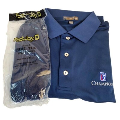 Peter Millar Men's Large Blue Shirt PGA Champions Polo Footjoy Purple Golf  Socks