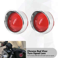 Red Motorcycle Bullet Turn Signal Cover Lens Chrome Visor Ring Fit For Harley