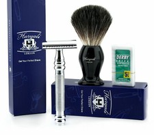 Double Edge Safety Razor  Black Hair Badger Brush Shaving Kit with Free Blades