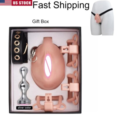 Realistic ABS Fully Male Chastity Cage Device Pussy Hole with 4 Rings Lock Belt