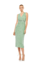 MAC DUGGAL 93606 SEQUINED SLEEVELESS V-NECK MIDI SAGE GREEN DRESS sz 0