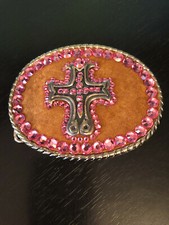 Vintage Collectible Cross Pink Rhinestones Suede Silver Tone Belt Buckle