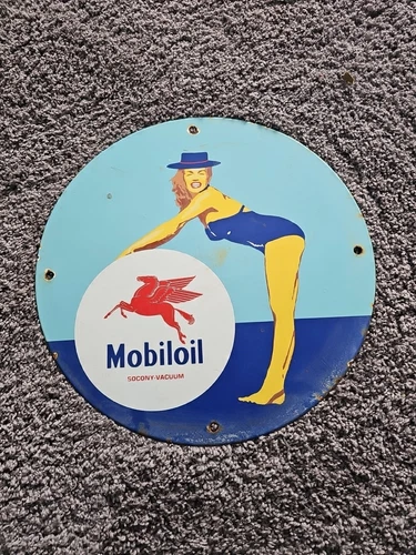 VINTAGE MOBILOIL MOTOR OIL PORCELAIN GAS PUMP SIGN MOBIL MOBILGAS 12"........