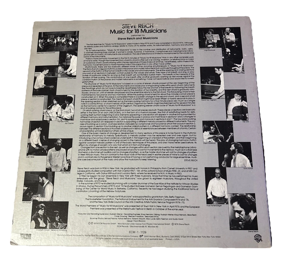 STEVE REICH Music For 18 Musicians ECM LP EX 1978 DJ Radio Issue Avant Garde - Image 2 of 4