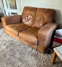 DFS Traditional Brown Leather 2 Seater Sofa Pad Arm 150cm W x 85cm L