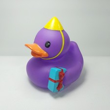 Infantino Rubber Duckie Purple Happy Birthday Duck - Present Yellow Party Hat