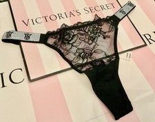 NEW Victoria  s Secret Shine Strap Thong Panty Black Lace Rhinestone VS Size S