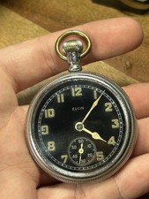 VINTAGE 16s 1943 ELGIN GRADE 594 9 JEWEL BLACK DIAL WWII MILITARY POCKET WATCH
