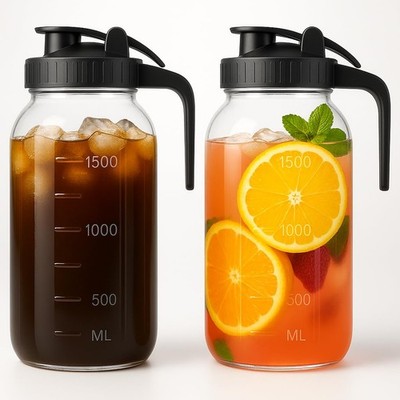 2 Pack 64oz Glass Pitchers with Spout Lid for Sun Tea Iced Coffee Milk Juice