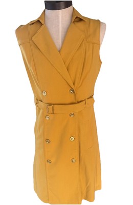 SHARAGANO Notch Collar Double-Breasted Belted Dress Size 6 Mustard 