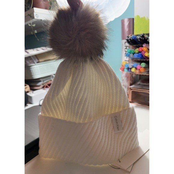 Calvin Klein Cream Ribbed Knit Beanie Pom Pom Faux Fur Winter Hat NWT $58 thumbnail 2