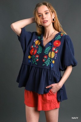 Umgee Navy Babydoll Top w/ Tie Front Embroidery Detail Puff Sleeves