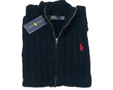 New Polo Ralph Lauren Long Sleeve Full Zip Cable-Knit Sweater-Black Size-Medium