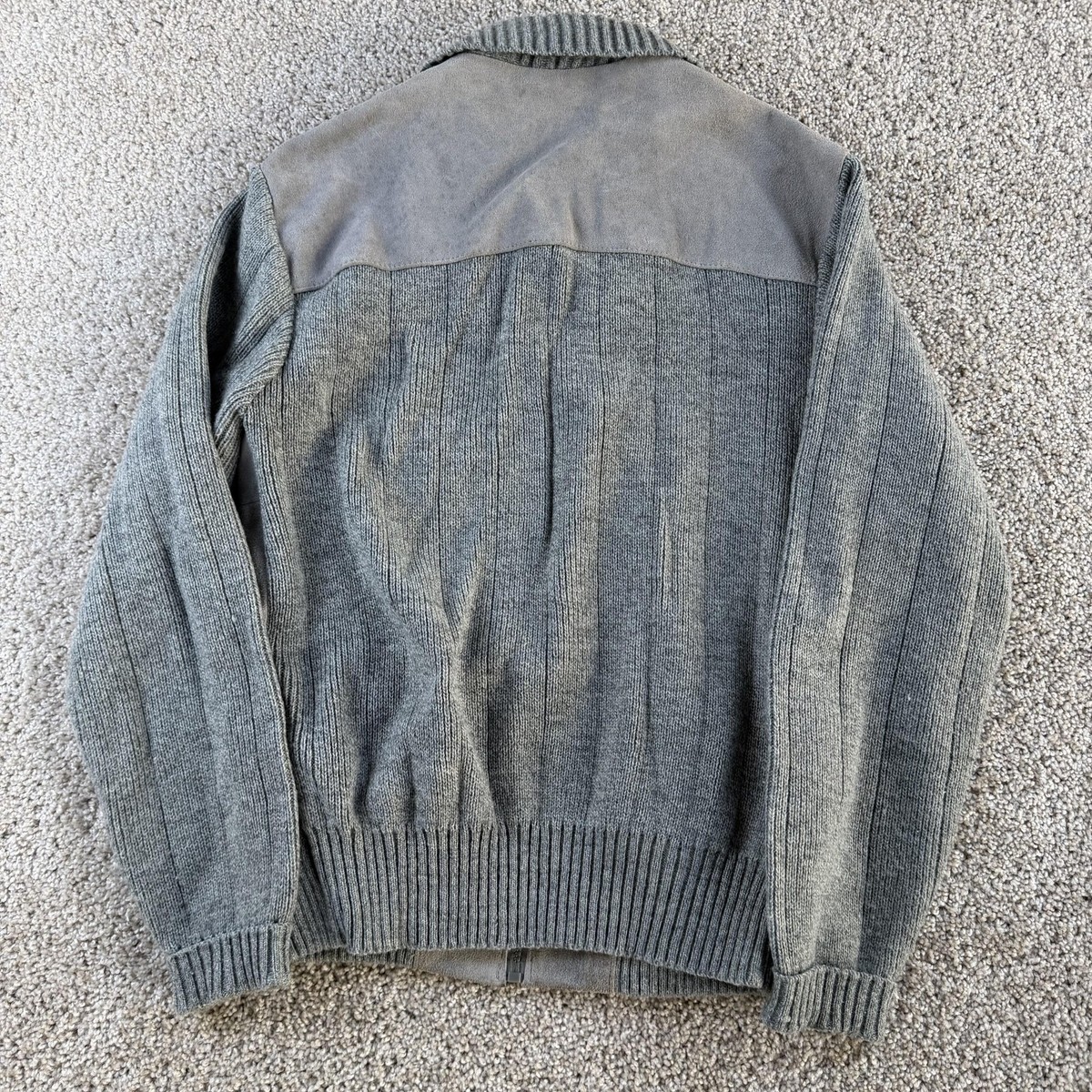 Vintage Van Heusen Jacket Mens Medium Gray Leather Knit Bomber