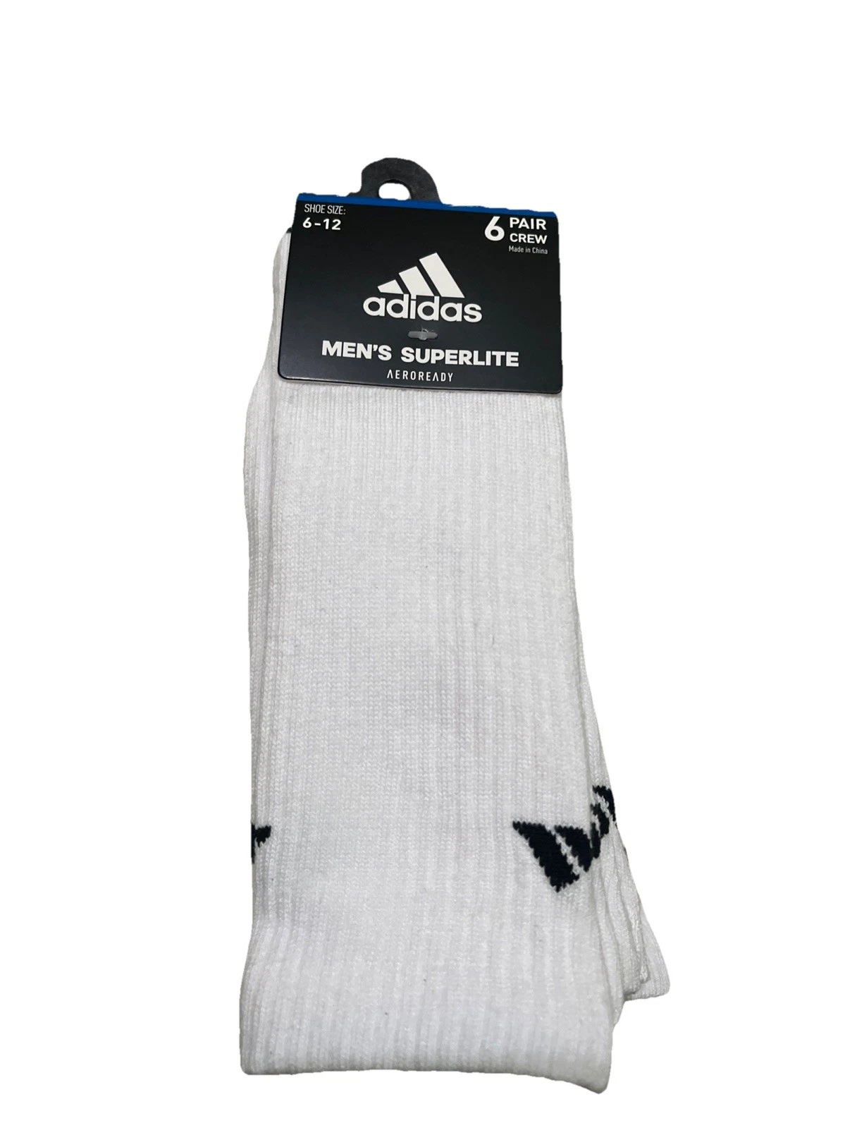 ADIDAS SUPERLITE Crew Socks Men’s 6-12 Lightweight Aeroready 6-Pairs White