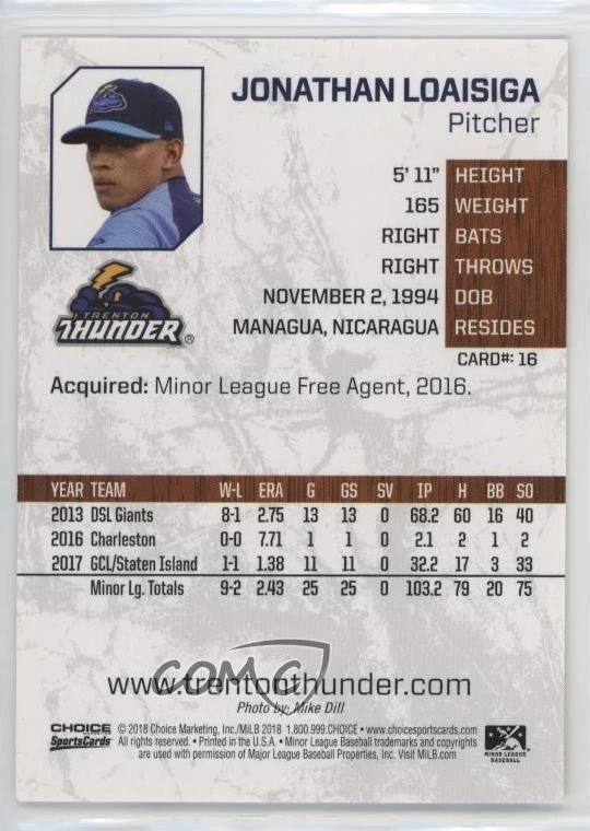 2018 Choice Trenton Thunder Jonathan Loaisiga #16 - Image 2 of 2