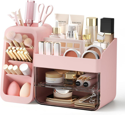 Makeup Organizer with Adjustable Brush Holder for Vanity, Large Pink Skincare Or