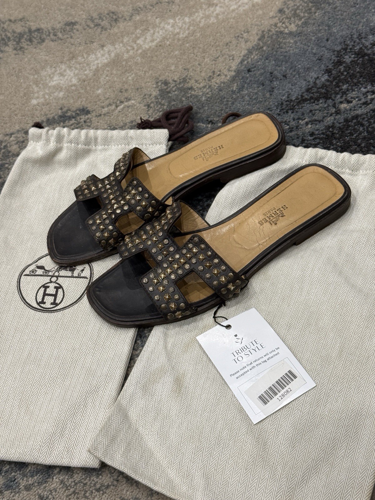 Hermès Oran Sandals Brown Studded Size EU 37.5 Leather Slides RRP £804
