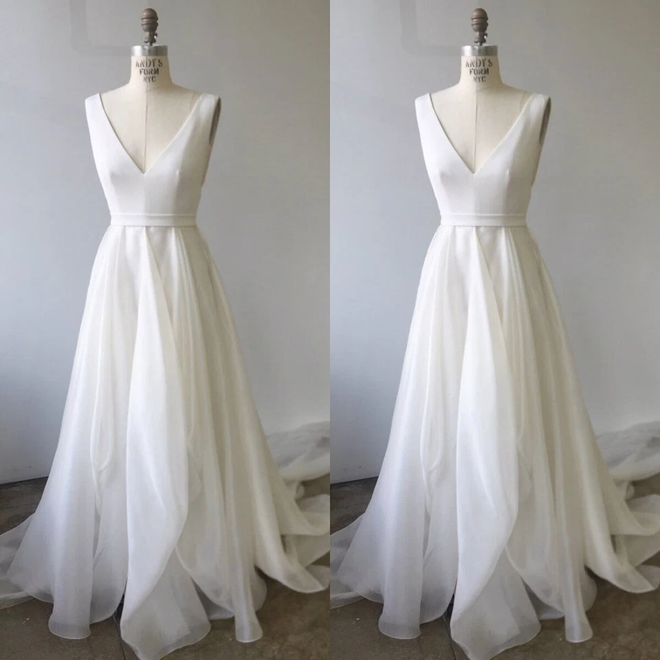 Organza Wedding Dresses Ivory A Line Sleeveless V Neck Beach White Ball Gowns - Image 3 of 4