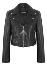 Women’s Black Leather Brando Short Fitted Biker Double Drive Zip Jacket Kendall