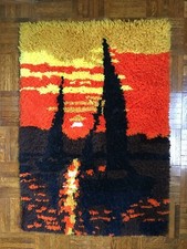 VTG Handmade Latch Hook Rug Wall Hanging Sunset Sailboat Orange Gold 34 x 24":