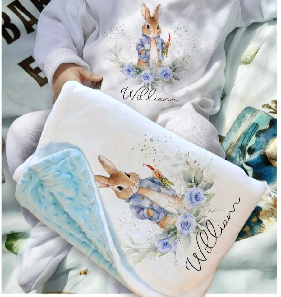 Personalised baby outfit set , Romper blanket gift, blue floral rabbit sleepsuit - Image 2 of 2