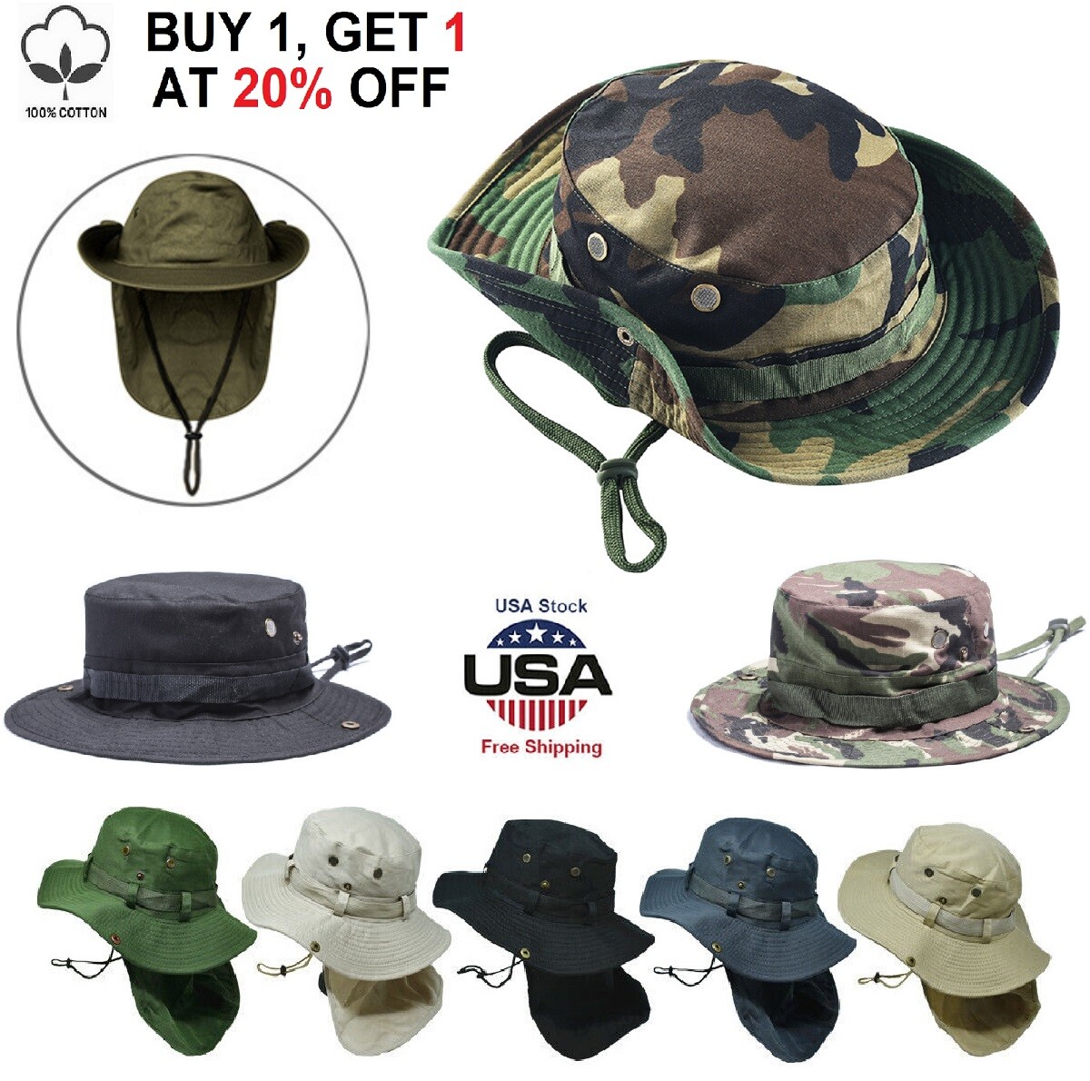 Bucket Boonie Hat Neck Cover Flap Sun Wide Brim Fishing Outdoor Cap