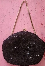 Vintage ladies estate vintage beaded sequin cocktail party black clutch purse