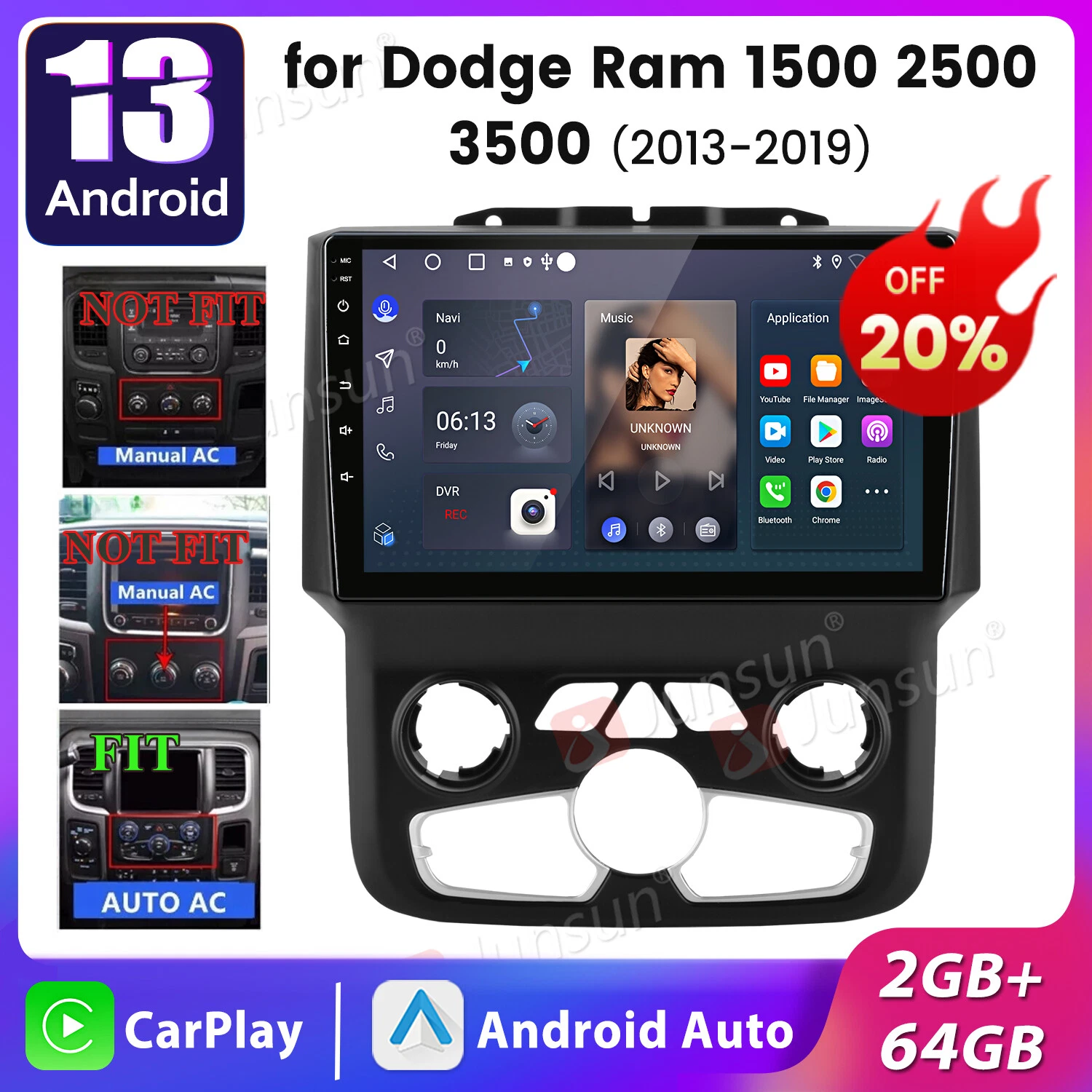  rádio estéreo automotivo 64gb android13 gps carplay para dodge ram 1500 2500 3500 2013-18 