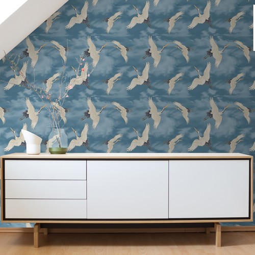 Oriental Japanese Birds Cranes Sky Blue White Metallic Silver Wallpaper - Picture 5 of 6