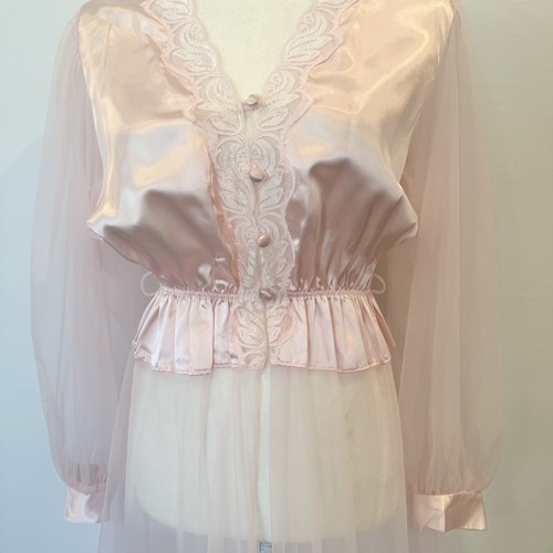 Vintage Val Mode seidig Satin rosa Spitze Netz Maxikleid Prinzessin Liege Robe M - Bild 7 von 8