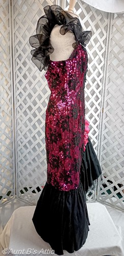 Vintage 80's Loralie Original Fabulous Fuchsia/Black Sequin Bead & Lace Gown 16 - Picture 6 of 10