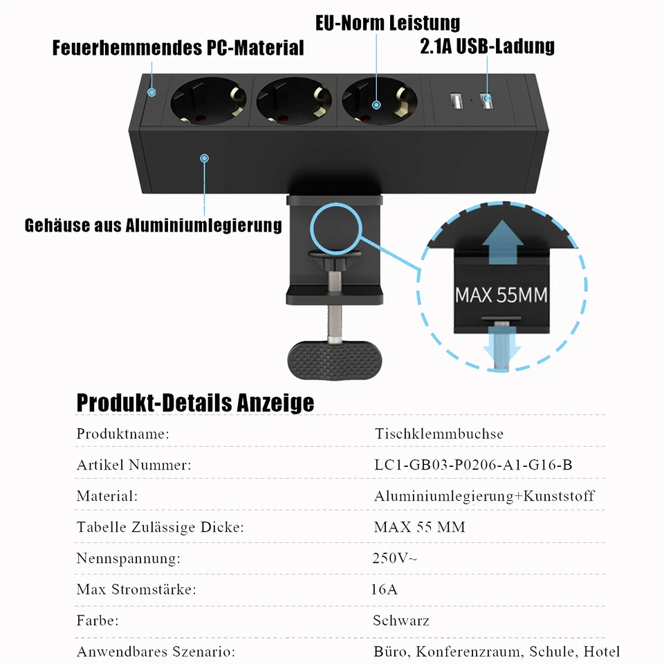 Tischsteckdose 3 Fach Mehrfachsteckdose mit USB C Steckdosenleiste Schreibtisch - Bild 2 von 4