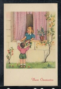 Cartolina Buon Onomastico Bambini Fiori Finestra Zc216 Ebay