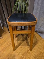 Retro Vintage Mid Century Wooden Stool – Black Vinyl Seat – Utility Kitchen Bar