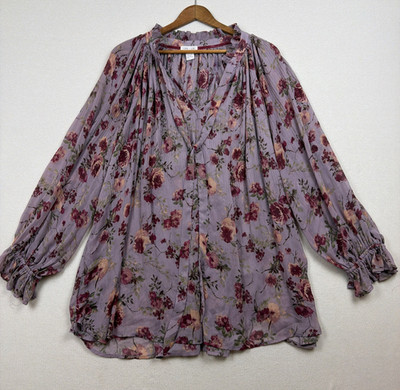 Clover + Scout Womens Crushed Chiffon Fabric Plum Floral Blouse Size 3X Tie Sash