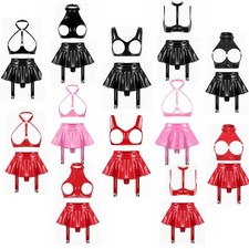 Women Wet Look Leather Lingerie Set Open Cup Bra Top and Mini Skirt Garter Belt
