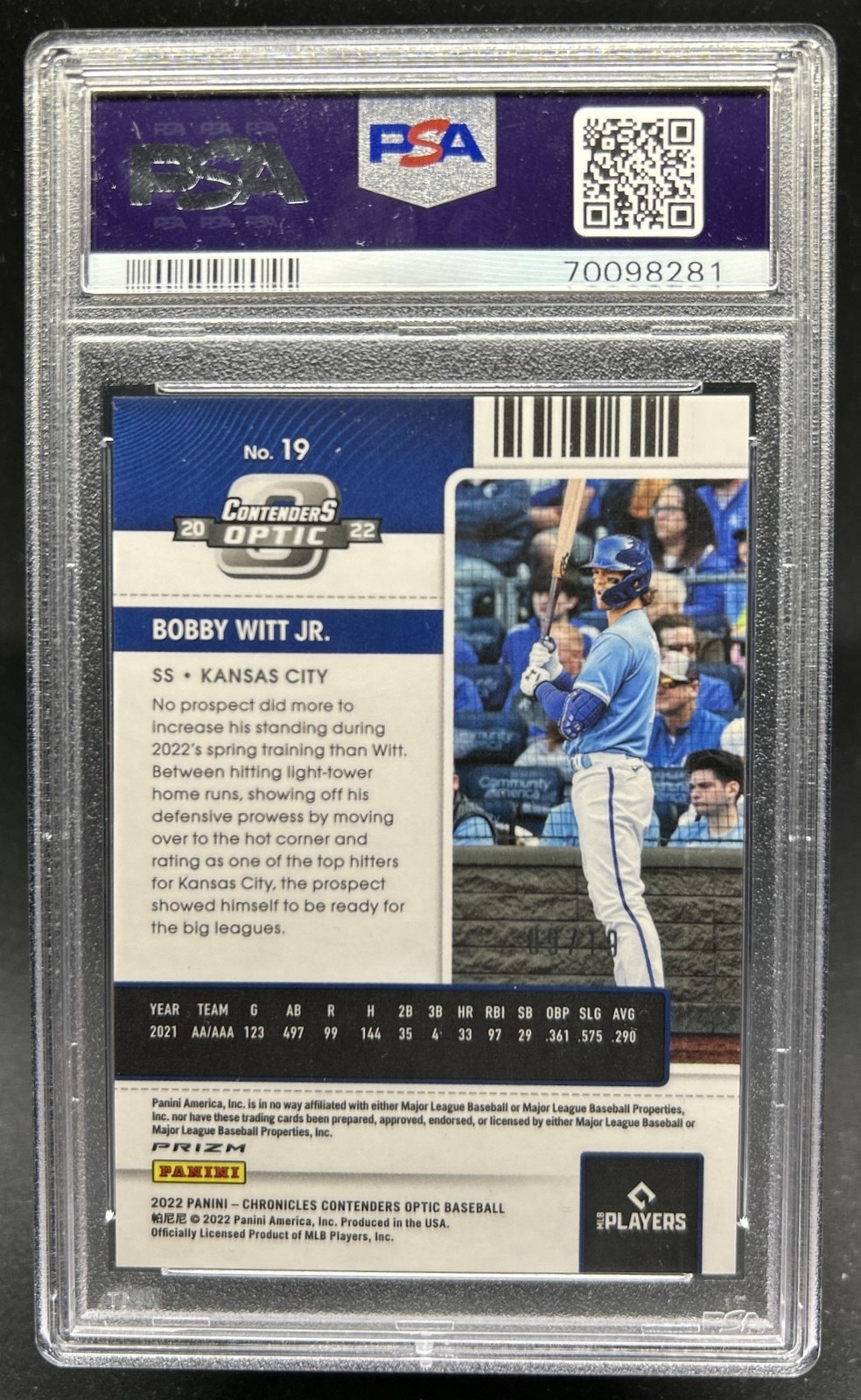 2022 Chronicles Bobby Witt Jr. Contenders Optic RC Neon Orange #/19 Royals PSA 9 view 2