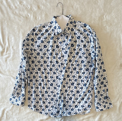 Express 1MX Extra Slim Men s L White/Blue Floral Long Sleeve Point Collar Shirt