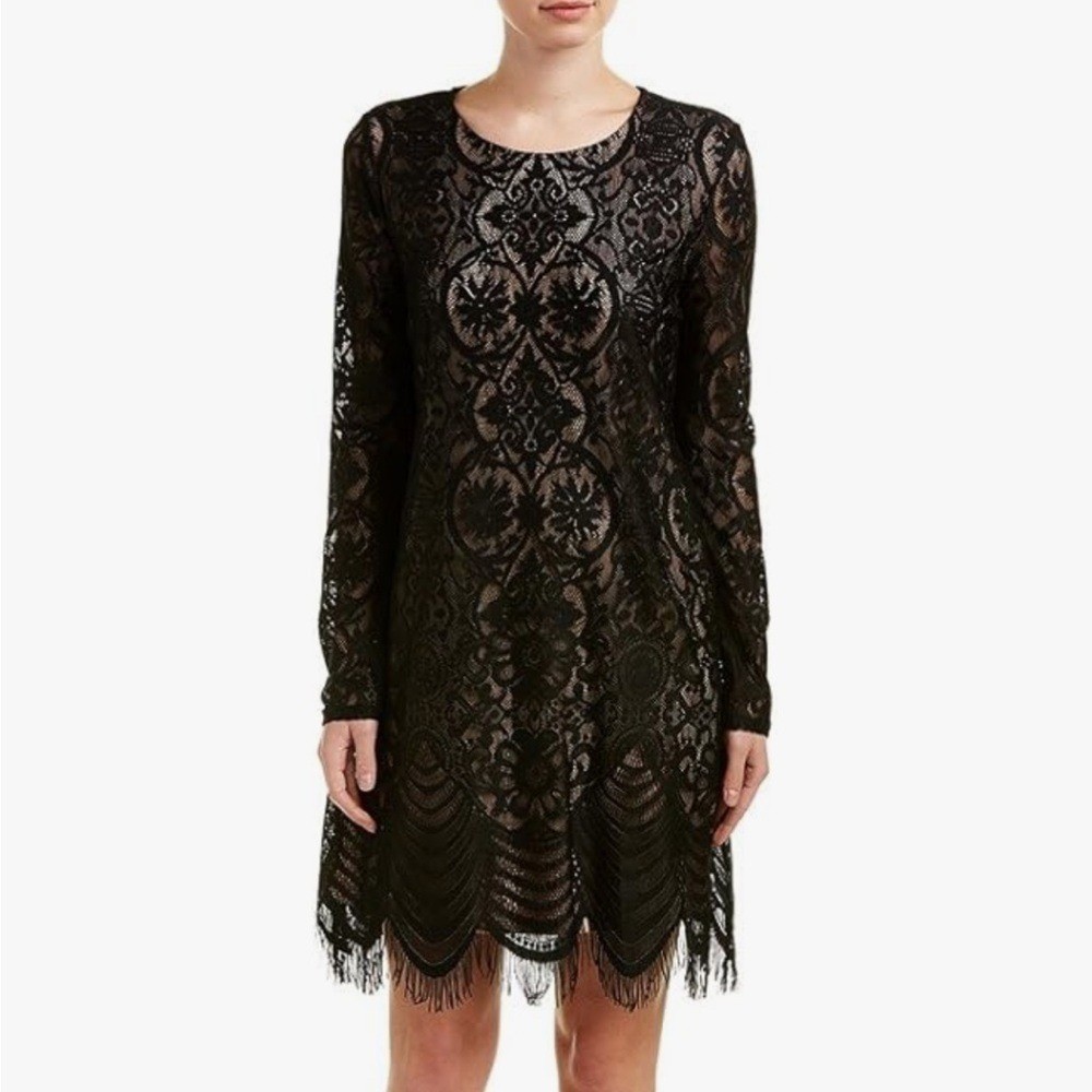 knee length dresses for ladies BCBGMAXAZRIA Payten Long-Sleeve Lace-Insert Shift Dress  Runway Catalog