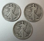1916-P D & S Walking Liberty Silver  Half Dollars Average Circ. Scarce 3 Coins