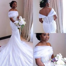 Elegant Mermaid Wedding Dresses Off Shoulder Lace Tulle Bridal Gowns Plus Size