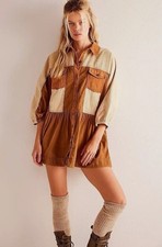Free People Wild Roads Mini Corduroy Dress Morning Oat Combo Size Small RRP �140