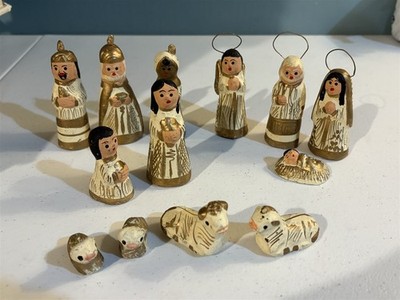 vintage hand painted pottery creche, nativity scene likely from Mexico, 13 pcs
