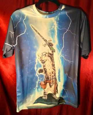 Warrior Kitten Shirt, Men's Medium, New without tags, sword lightning adventure