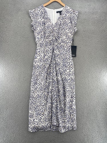 White House Black Market Dress Womens 6 Blue Multi Ruched Front Midi V Neck NWT