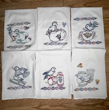 SET OF 6 VTG STYLE HAND EMBROIDERED BLUEBIRD THEME FLOUR SACK TOWELS
