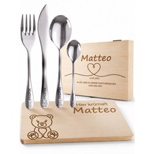 Kinderbesteck mit Gravur / Fr&uuml;hst&uuml;cksbrettchen  / Holzbox / Personalisiert Namen